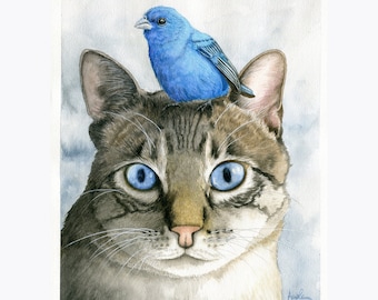 Getigerte Katze und Indigo Bunting Druck von meiner originalen Aquarellmalerei