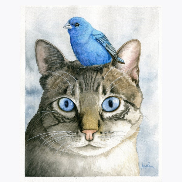 Tabby cat and Indigo Bunting print from my original watercolor painting