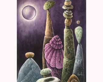 ORIGINAL Mystical Cairn Watercolor Painting ,Ancient Stones,Handcrafted Spiritual Art, spiritual metaphysical oracle ancient earth