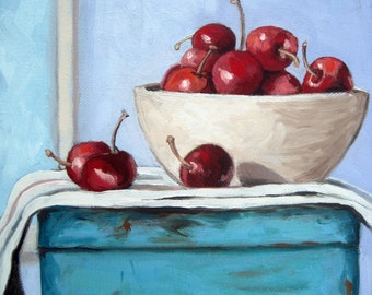 Bowl of Cherries and Blue box- realistic still life food art print from original painting