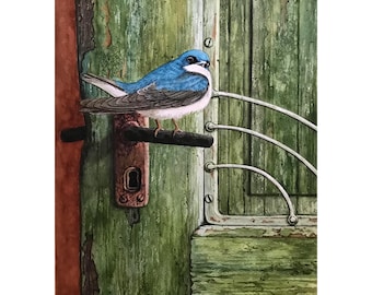 Taking a Rest - Young Tree Swallow Watercolor Original Wildlife Avian Artwork , Weathered Door, Audubon Style