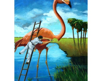 PINK FLAMINGO LANDSCAPE Fantasy wildlife fine art print from original oil painting