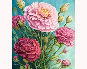 Pink Carnations - Floral, Nature Watercolor Painting , nature, Botanical Style