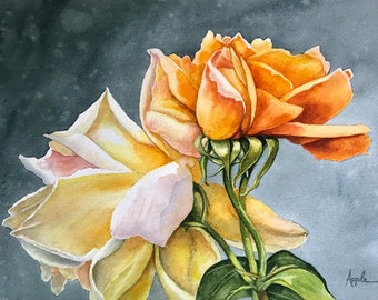 Apricot Nectarine Roses stillife Watercolor Painting, nature, Botanical Style