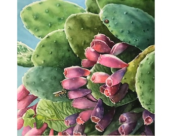 A vida é um pouco espinhosa - Cacto florido do deserto. Natureza morta floral original, pintura em aquarela da natureza.