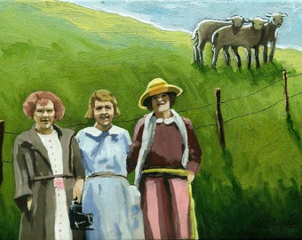 Women & Sheep farm landscape mixed media print from original oil painting