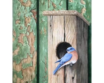 Lar é onde o coração está - Pintura em aquarela, casinha de pássaros, cerca antiga, impressão da aquarela original