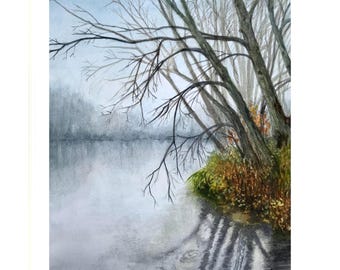 Misty Lake  -morning lake ORIGINAL Handcrafted landscape Painting,serene,quiet atmosphere