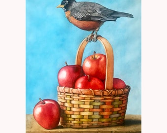 Robin's Harvest - Original Watercolor Painting of Robin Bird with Apples, Nature-Inspired Wall Art