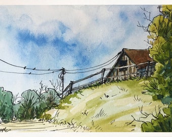Country Barn - rural farm landscape print from original watercolor
