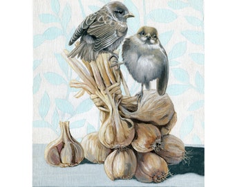 G is for Garlic- baby Sparrows bird portrait, Nature still life oil painting,Rustic Kitchen Art, Sparrows & Garlic Decor