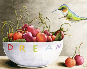 Cherished Dreams - Original Watercolor Painting with Cherries and Hummingbird, Available for art commission.