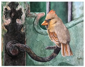 Waiting at the Gate - Rustic garden gate w/ Cardinal bird print of my Original Nature watercolor Painting