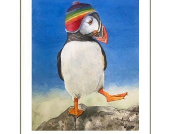 SPECIAL!  Puffin Pride- Original hand-painted Watercolor Bird Painting, rainbow pride