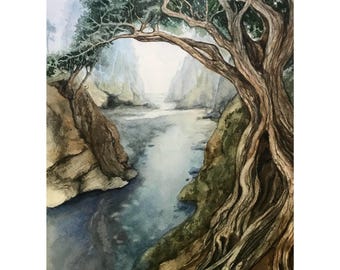 A Ilha - Arte Paisagística, Cenário Místico, Impressão da Natureza Impressionista da minha aquarela original