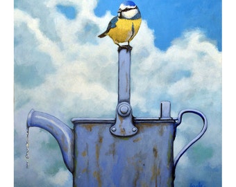 Cute Blue-Tit realistic bird portrait on antique watering can print from original painting