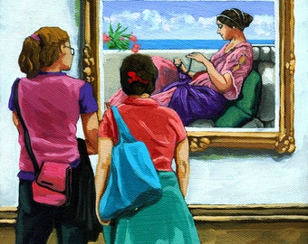 Women viewing Classic painting at art museum archival print from original oil painting