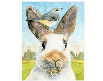 Wer veräppelt mich? - Stillleben Kaninchen und Mockingbird Aquarellmalerei