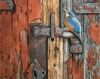 Old Barn Door - Rustic wood w/ Kingfisher bird Original Nature inspired watercolor Painting