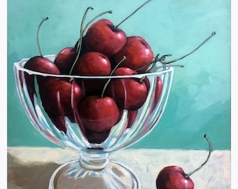 Bowl of Cherries - realistic still life food art print from original painting
