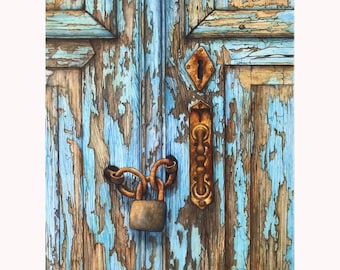 Pintura em aquarela de porta azul antiga, prédio abandonado, arquitetura, impressão de aquarela original