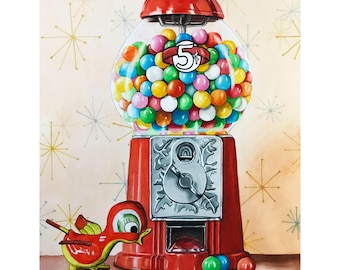 Five Cents’ Worth – Original Watercolor Gumball Machine Painting | Whimsical Humor Art, Still Life