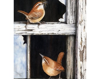 Wrens & abandoned house Fine art print from my original Wildlife Bird Watercolor Painting, nature animal, Audubon Style nature