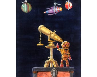 Homesick - ORIGINAL Handcrafted imaginary still life Painting,toys and space whimsy