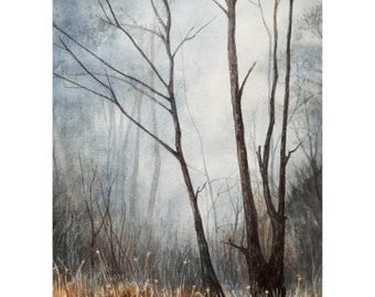 Passeio na Floresta Nebulosa - Impressão de paisagem florestal da minha pintura original em aquarela.