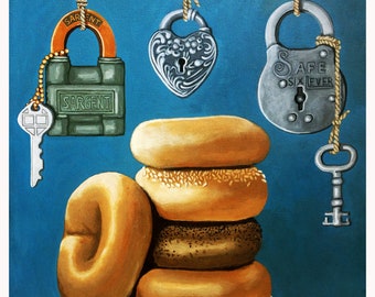 BAGELS & LOX realistic still life whimsical food print from my original oil painting