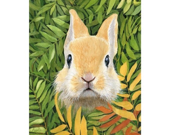 Rabbit in  a Secret Garden Original Still life Watercolor Painting, nature animal, Audubon Style nature