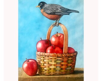 Colheita de Robin - Pássaro Robin com cesta de maçãs, arte de parede inspirada na natureza, impressão de aquarela original