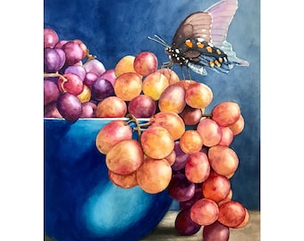 NEW!! "Fruitful" - Bowl of grapes w/ delicate butterfly Original Still life, Nature Watercolor Painting