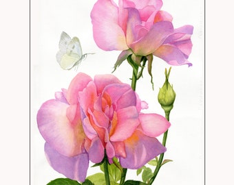 Ethereal Blooms - Pink Roses w/ delicate butterfly Original Floral, Nature Watercolor Painting