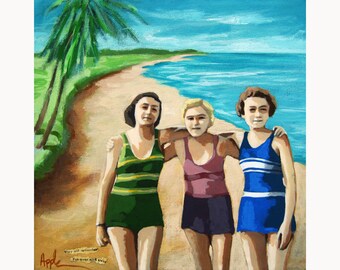 Women on the Beach Friends Vintage Memories  - Figurative seascape original mixed media painting