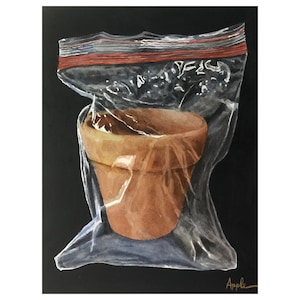 A Little Bag of Pot  clay flower pot Original Still life Watercolor Painting
