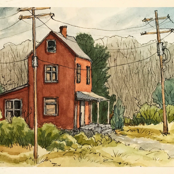 Down the Road -old house country landscape print from my original watercolor pen & wash