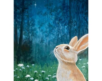 Brilha, Brilha Estrelinha - Pintura em aquarela, coelho, floresta noturna, impressão da aquarela original