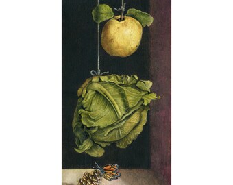 All A Flutter- Fruit & Vegetables w/Butterfly Original Still life Watercolor Painting, nature animal, Audubon Style nature
