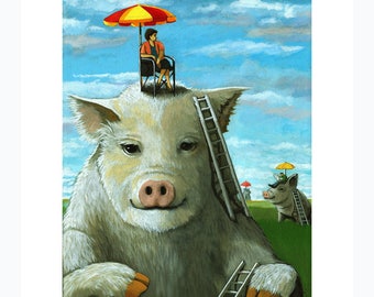 High on the Hog animal Fantasy Surreal print from original oil painting