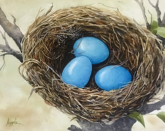 NEW! Robin Nest- original watercolor, nature, wildlife Audubon Style painting