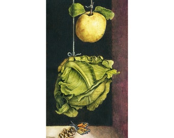 Fruit & Vegetables w/Butterfly Original Still life Watercolor Painting, nature animal, Audubon Style nature