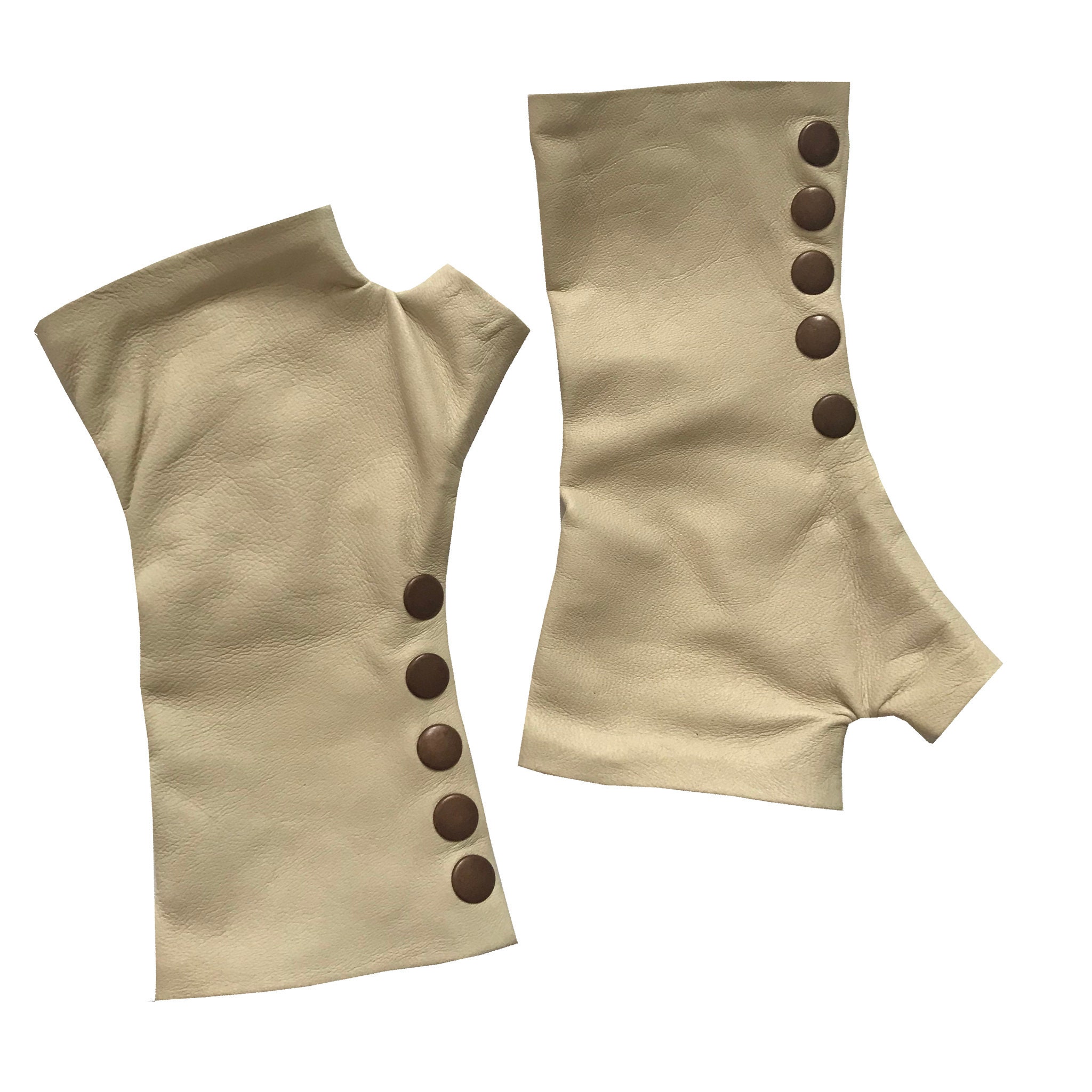 Monika Style Beige Fingerless Leather Gloves - Fashionable & Chic with Rust Metal Snaps