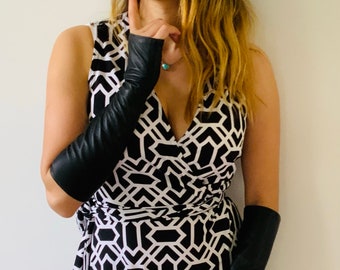 Black Long Fingerless Leather Gloves - Handmade Lambskin with Silver Snaps