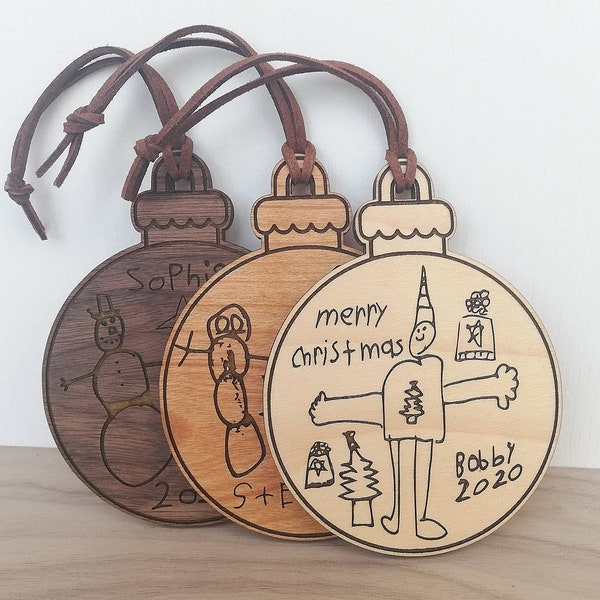 Engraved Wooden Tree Ornament: Custom Child's Drawing, Personalized Keepsake