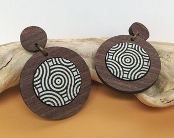 Dark Walnut Wood Inlay Dangle Earrings - Wooden Circle Stud Post Earrings - Wood and Acrylic Drop Earrings - Black & White Acrylic Inlay