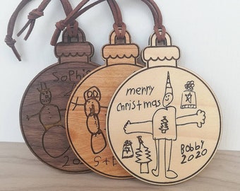 Wooden Tree Ornament Custom Engraved with Your Child's Drawing or Handwriting. Personalized Christmas Gift from Kids, Engraved Keepsake.