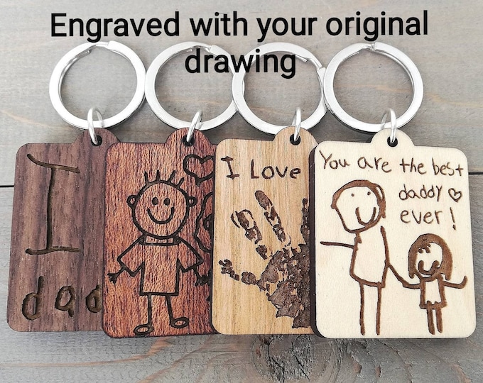 Custom Wood Keychain: Engraved with Child's Drawing or Handwriting