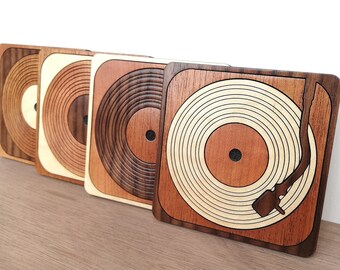 Record Player Wooden Mosaic Coaster Set of 4. Turntable Wood Inlay Coasters. Home Decor - Walnut, Mahogany, Cherry & Maple Wooden Coasters