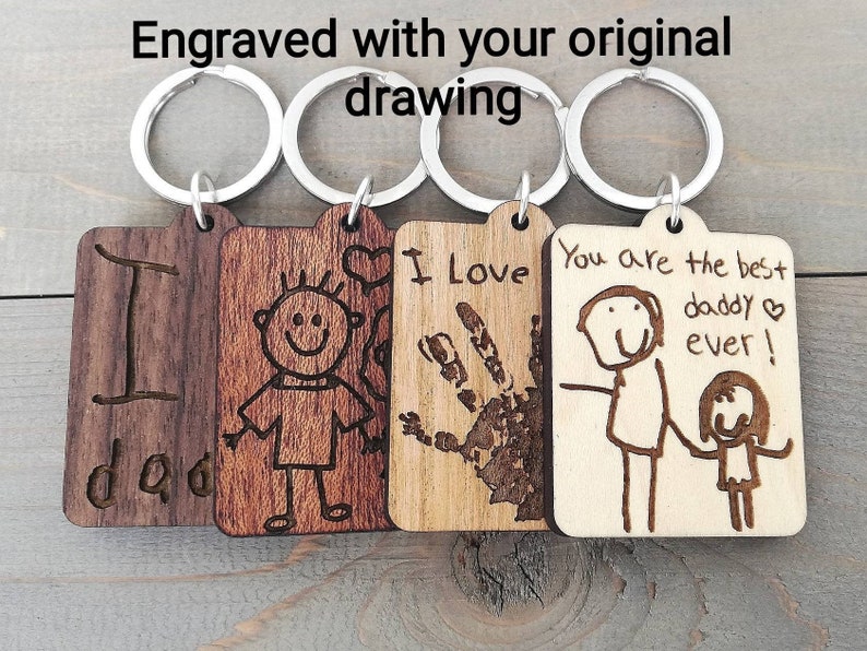 Custom Engraved Wood Keychain with Your Drawing or Handwriting. Personalized Fathers Day Gift from Kids, Engraved Keepsake, Child's Art 